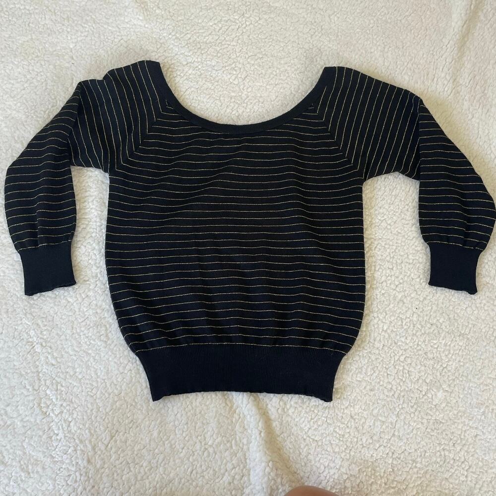 Vintage Jungle Paris Black Gold Metallic Stripe Boat Neck Sweater Size Small - Picture 9 of 9